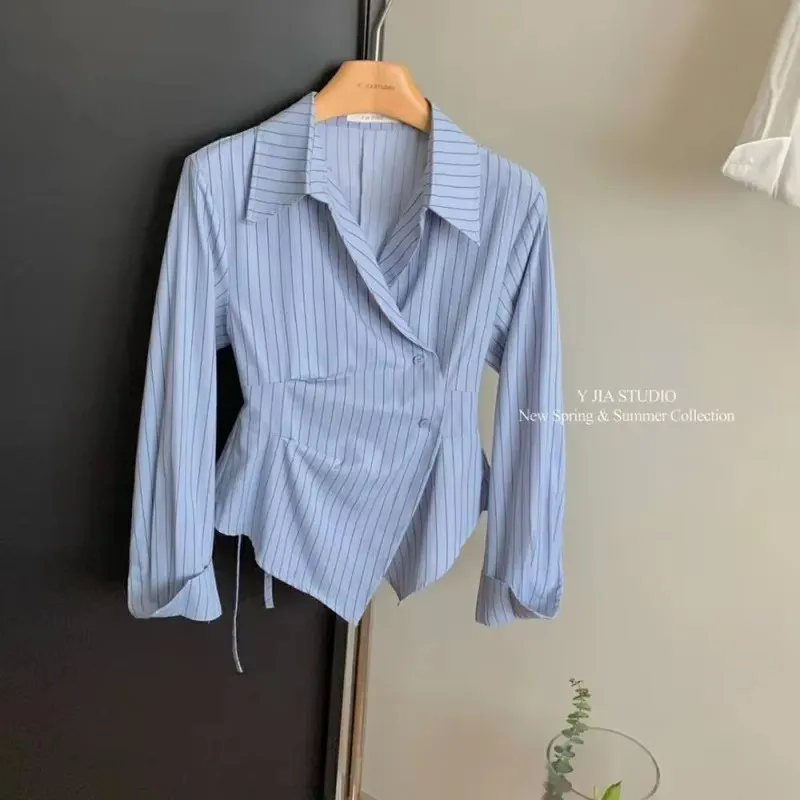 Design Sensibility Irregular Waist-fitted Slimming Striped Shirt Women's Elegant Lapel Long Sleeve Blouse 2024 New Model