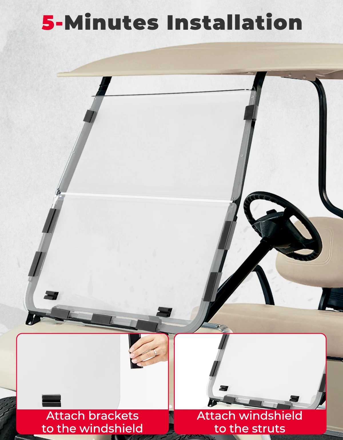 Clear Foldable Golf Cart Windshield Compatible with Club Car DS 2000+ Anti-UV and Impact-Resistant Acrylic Windscreen