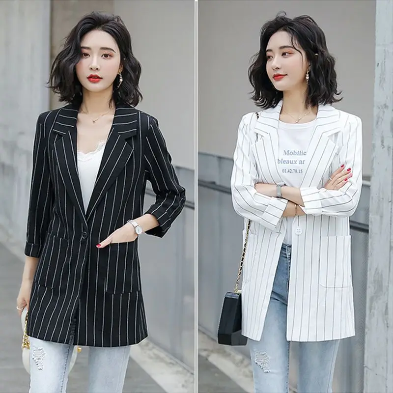 Chic Striped Cotton Linen Casual Mid-Length Seven-Sleeve Women's  Slim Fit Summer 2025 Fashion Trend Outerwear