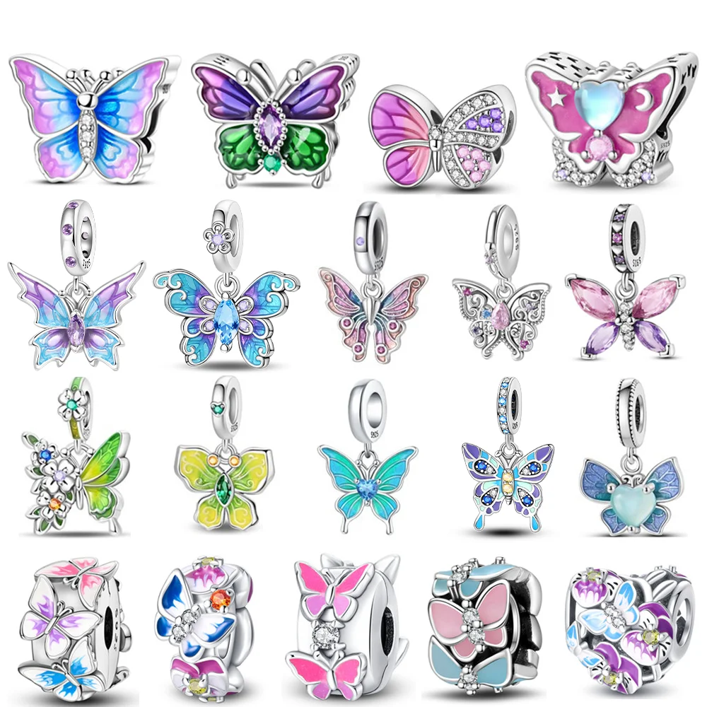 Original 925 Silver Charms Purple Butterflies Sunflowers Blue-winged Insects Beads Fit Bracelet Women Diy Gift Accessories