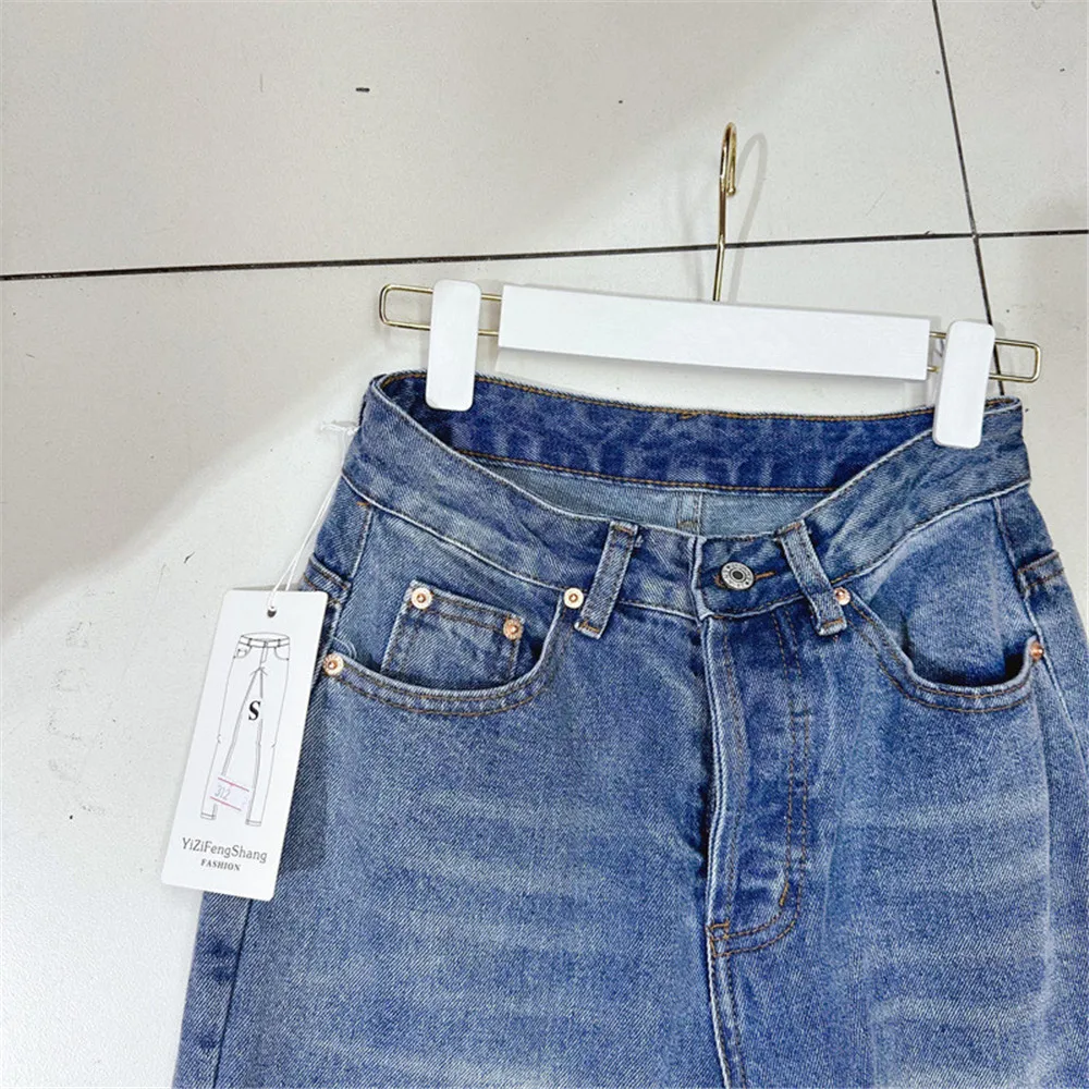 Imagem -04 - Jeans de Perna Reta de Cintura Alta para Mulheres Jeans Patchwork Lavado em Comprimento Total Calças da Moda Y4581 Novo 2023