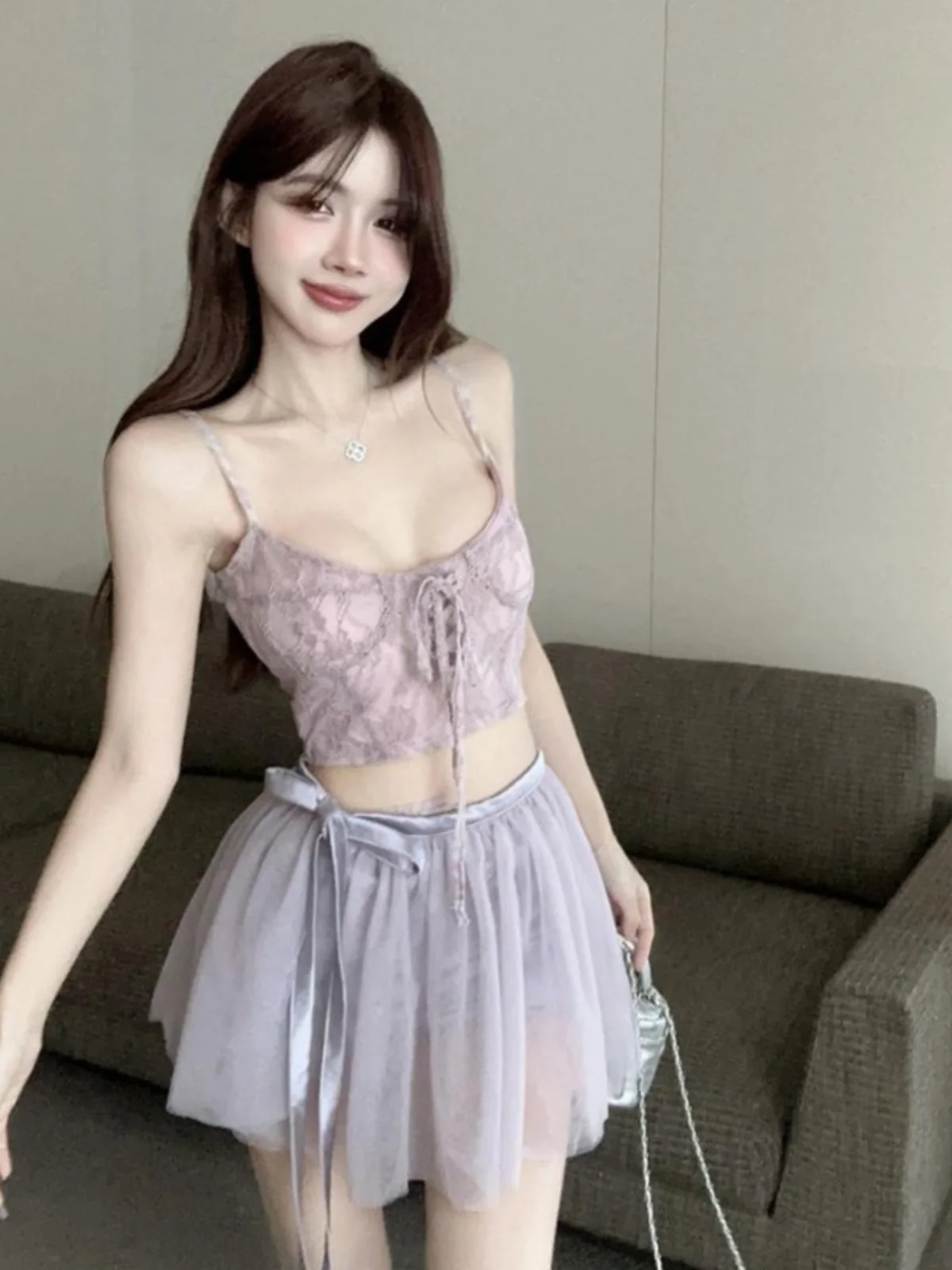 

Summer Purple Bow-Knot ort Crop Top Vest Outerwear Women Sexy Me Fluffy Skirt Set Skirt Nicole Rose Spicy Sle