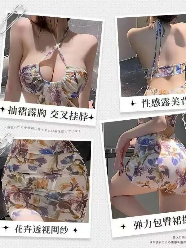 Flor dulce púrpura caliente Sexy Mini vestido transparente Tops nueva impresión Sexy Tie-dyed puro deseo picante vestido de niña elegante K7OX