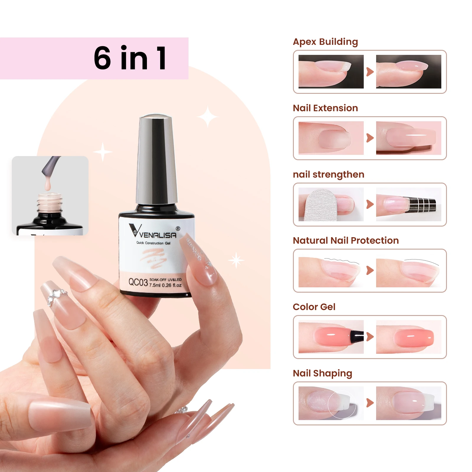 VENALISA 7.5ml Quick Construction UV Gel Semi Transparent Nude Jelly Pink French Nail Gel Polish 6 in 1 Long Lasting Gel Varnish