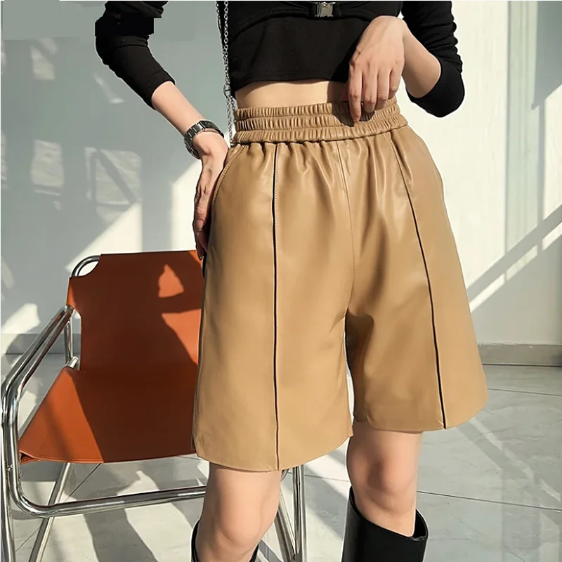 

Easy Streetwear Bermuda Shorts Women Pockets Wide Leg Lambskin Midi Long Authentic Leather Pants Apricot Casual Femme Pantalon