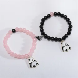 2pcs/set Cute Panda Charms Bracelet Black Glass Crystal Beads Bracelet Set Handmade Hand String Women Summer Fashion Jewelr