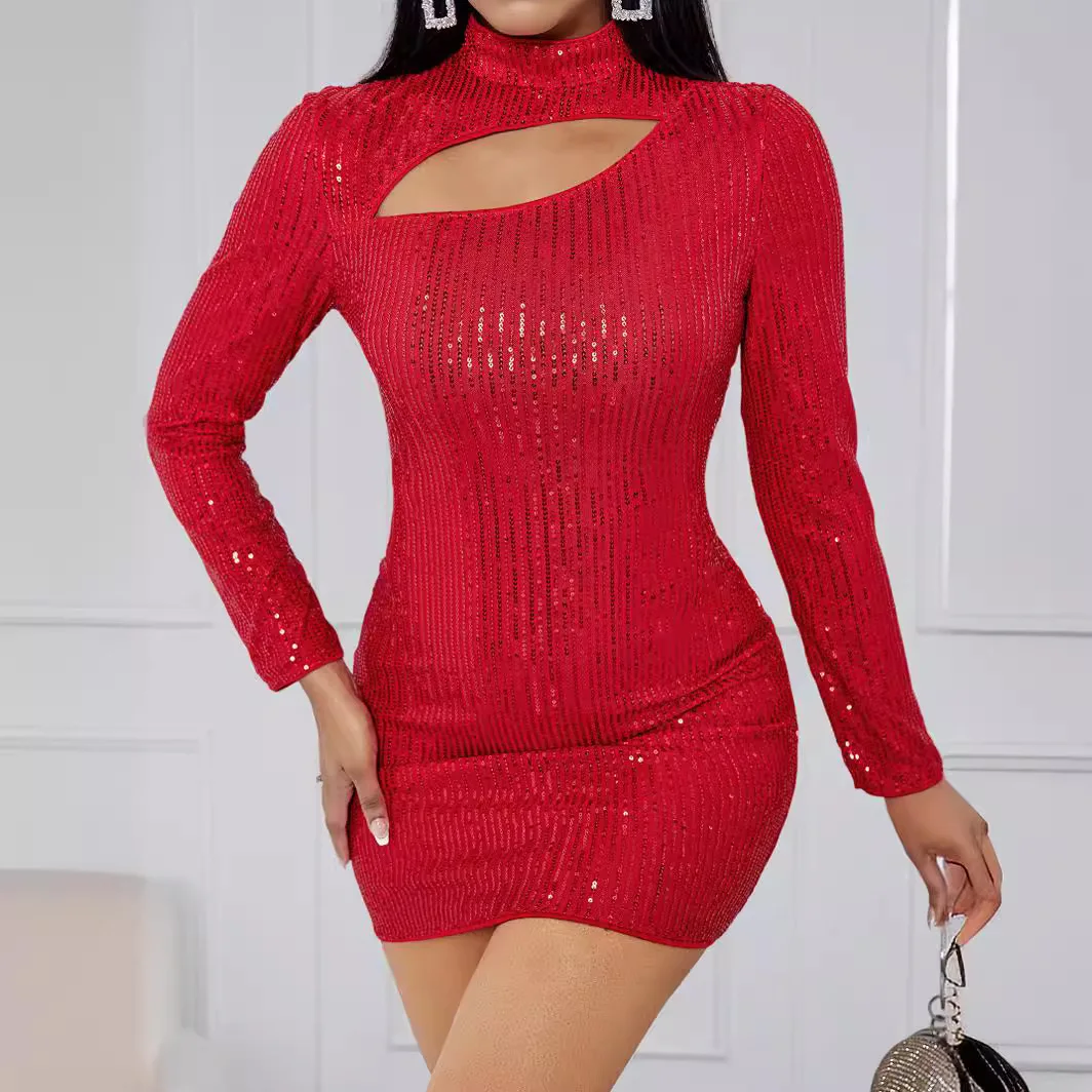 Robe de soirée scintillante de luxe pour femmes, robe de cocktail mince, sangle de cou creuse sexy, robe de soirée club, bordeaux, quoi que ce soit, 2025