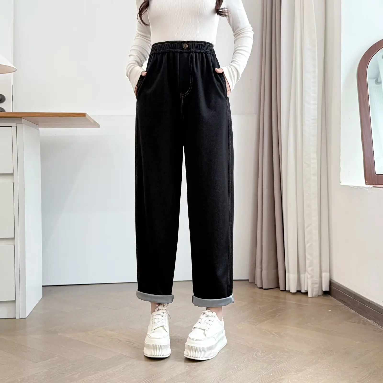 XXXXL moda de talla grande pantalones vaqueros de mujer otoño nuevo estilo Simple cintura elástica un botón Harem pantalones Casual 993