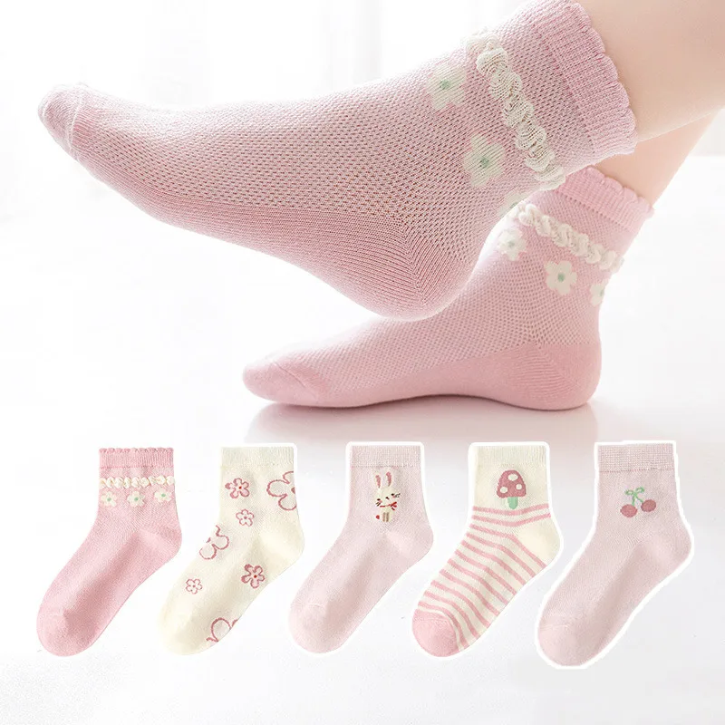 

5Pair Pink Flower Girl Cotton Socks Summer Mesh Breathable Middle Tube Sock Sweet Baby Footwear Comfortable Kids Sock 0-6Year