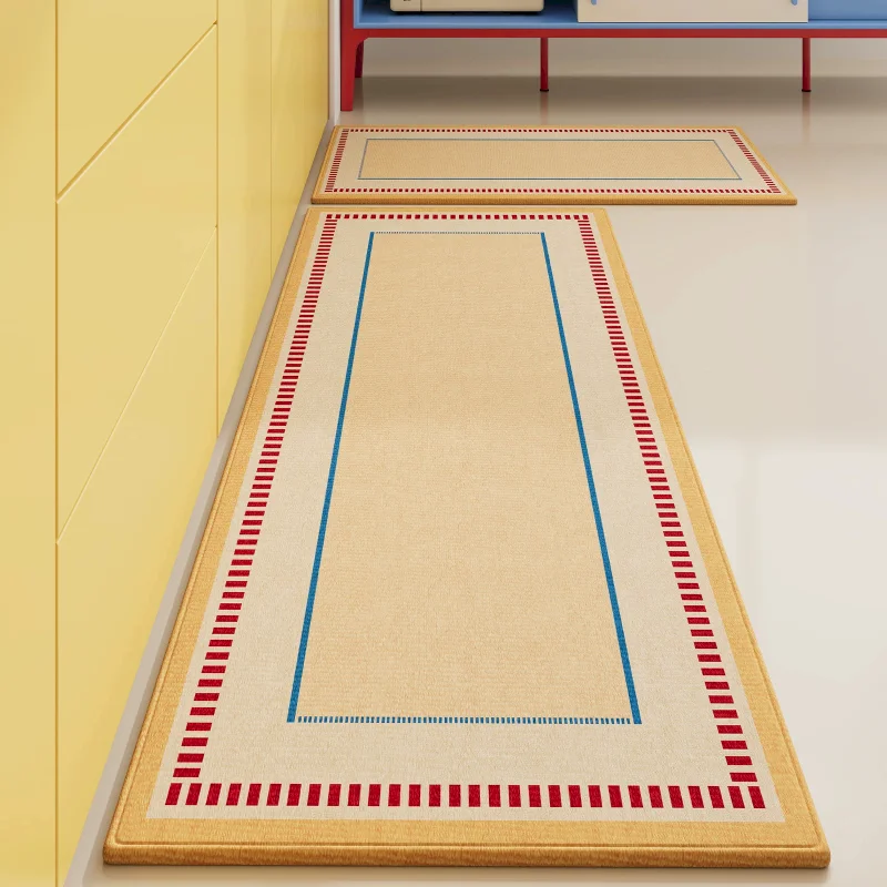 VIKAMA Beige Blue Red Line Kitchen Rug Floor Mat Runner Non Slip Washable Soft Absorbent For Home Decor