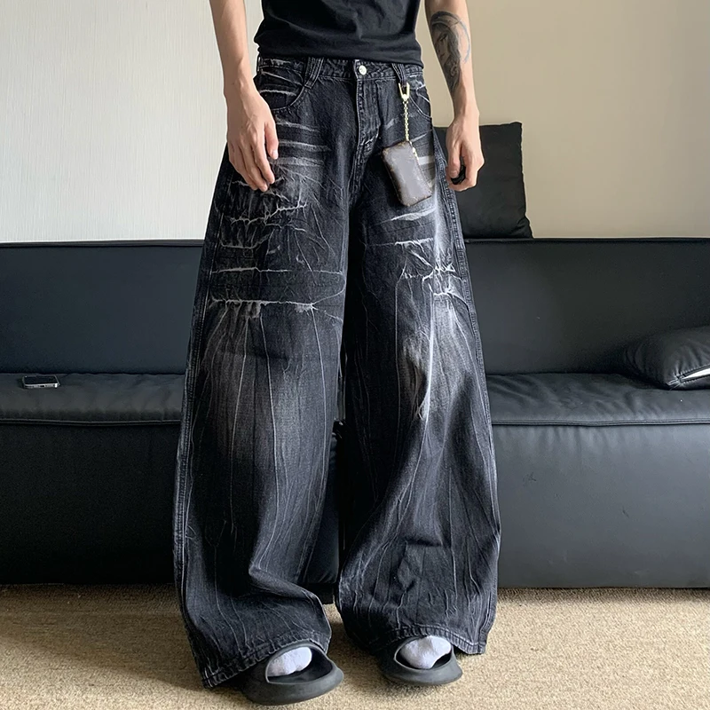 FEWQ American Cleanfit Washed Old Lightning Pattern Vibe Loose Wide Leg Pants Jeans 2024 Male Trousers New Fashion 24E1568