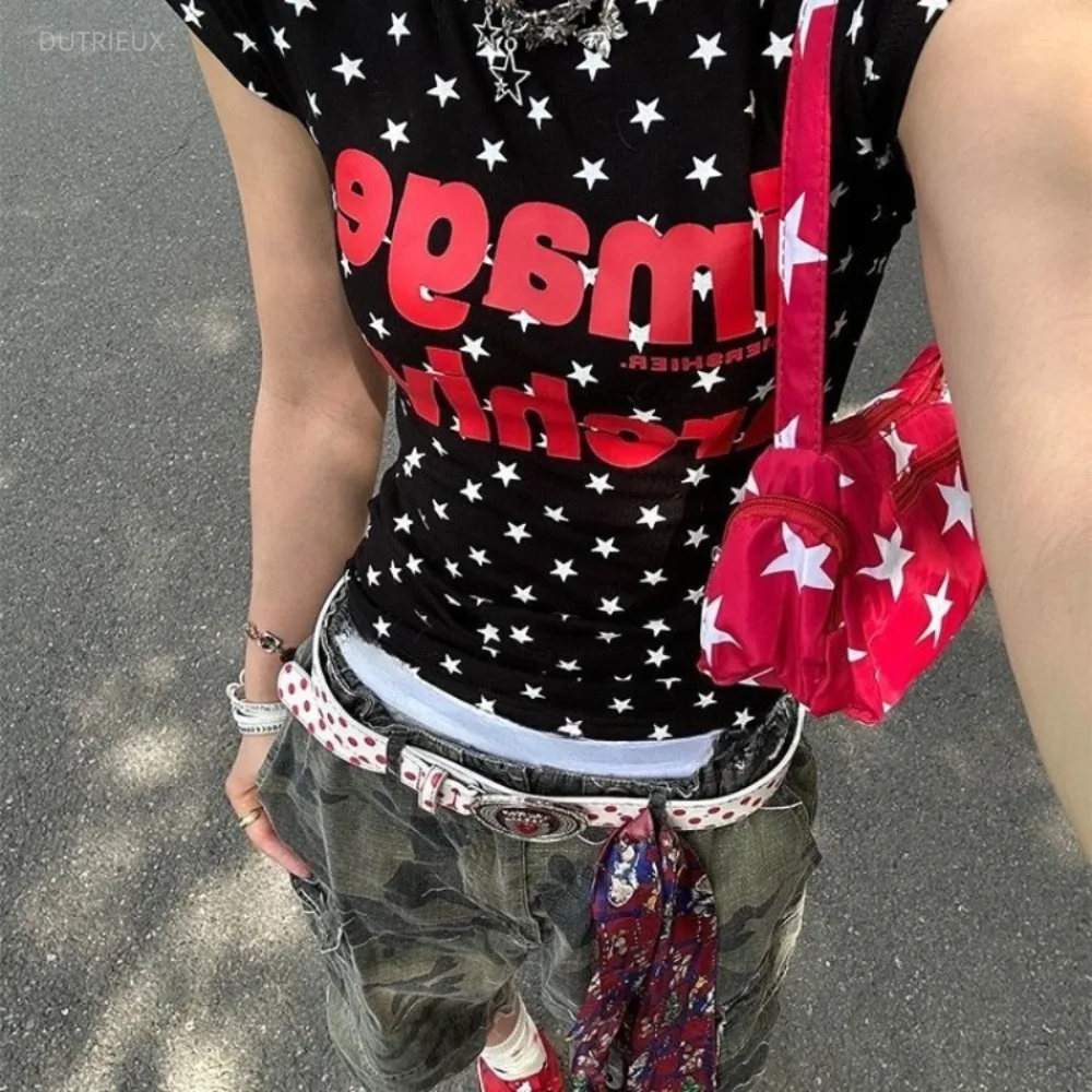 American Vintage Star Print Women Clothing Minority Slim Short All-match Y2K T-shirt Harajuku Punk style hip Hop Moda Top