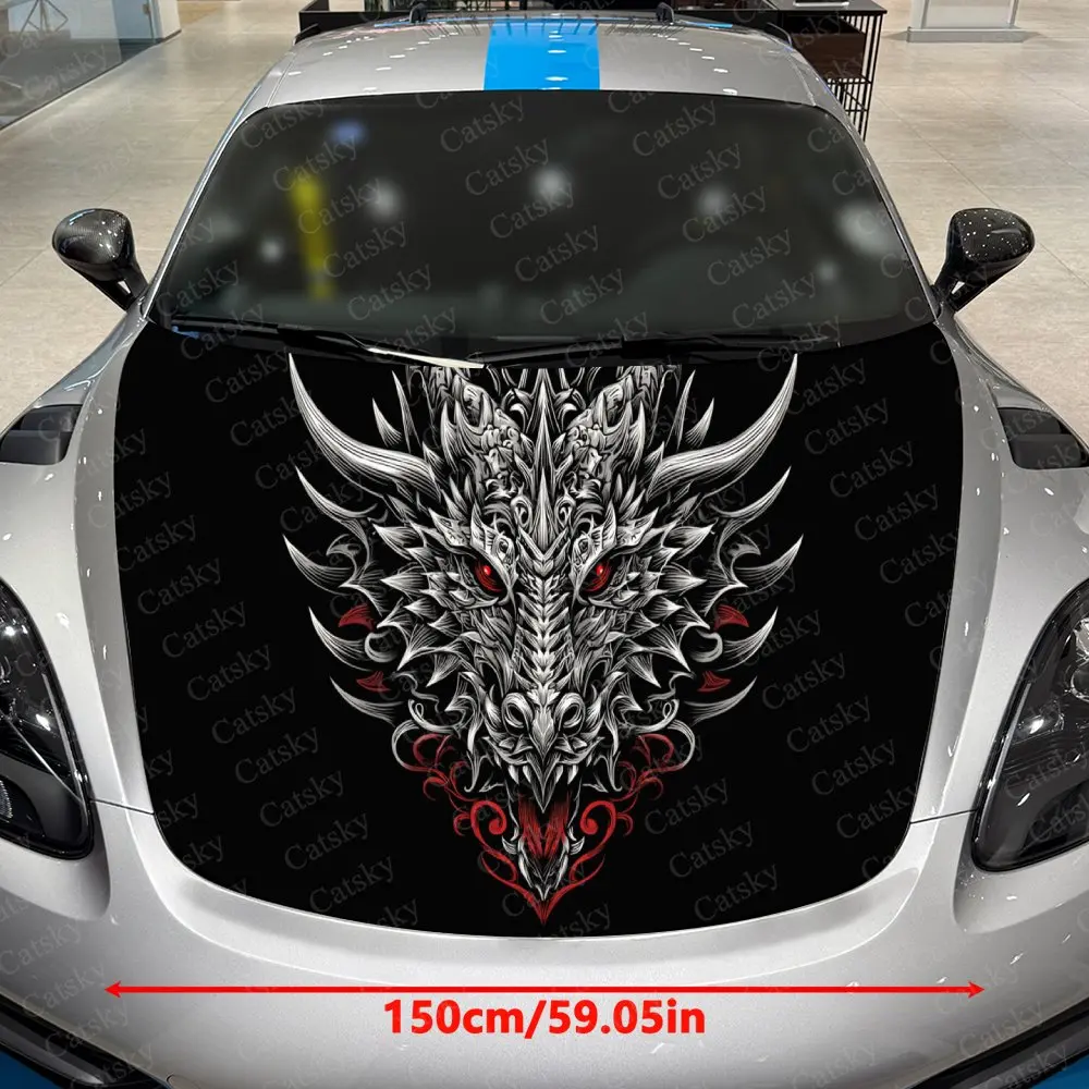 Red-Eyed Silver Dragon Car Vinyl Wrap, PVC Waterproof Car Hood Sticker, Self-Adhesive Scratch-Resistant Stickers