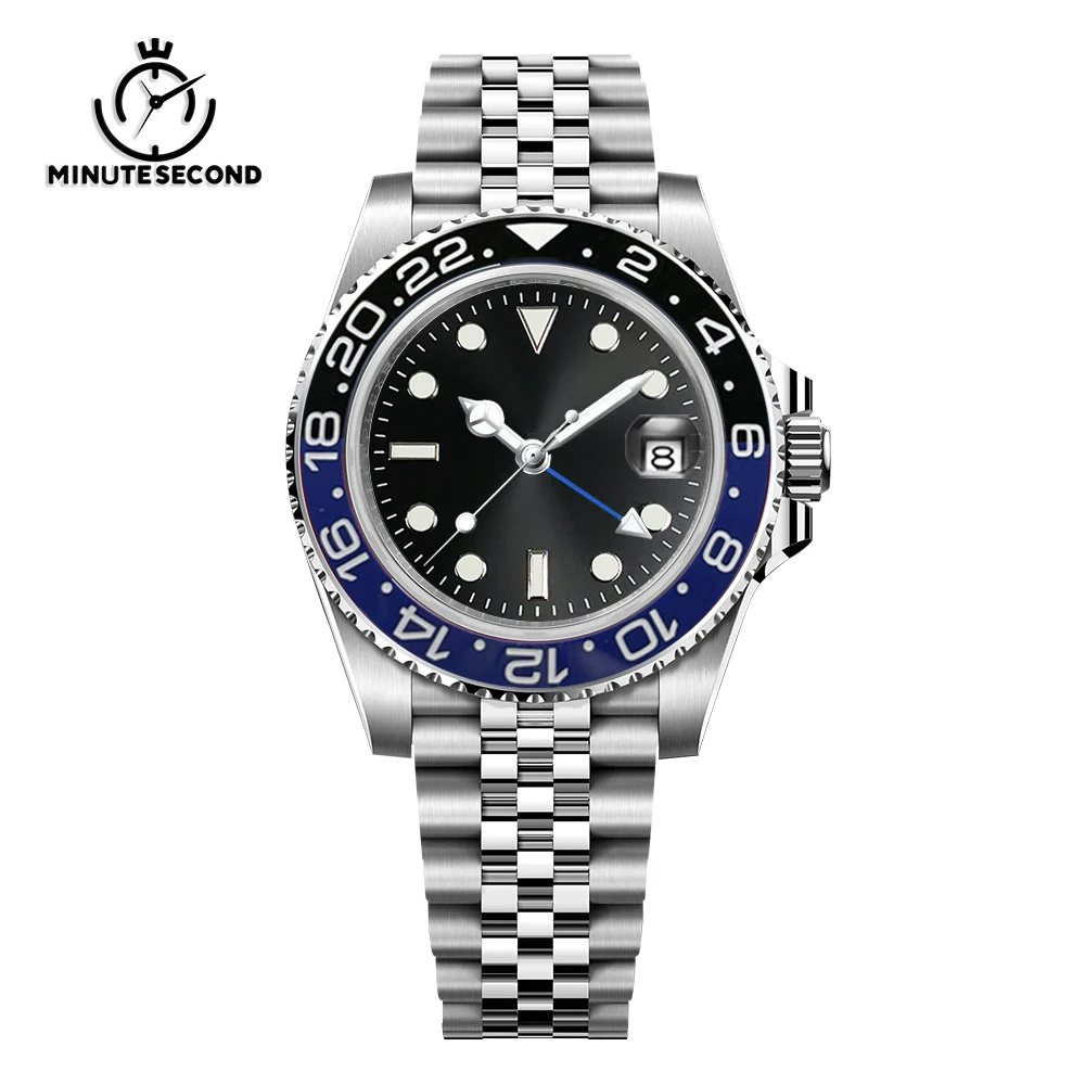 MINUTESECOND-Reloj de pulsera mecánico NH34 para hombre, cronógrafo automático luminoso de zafiro, acero inoxidable, 40mm, GMT