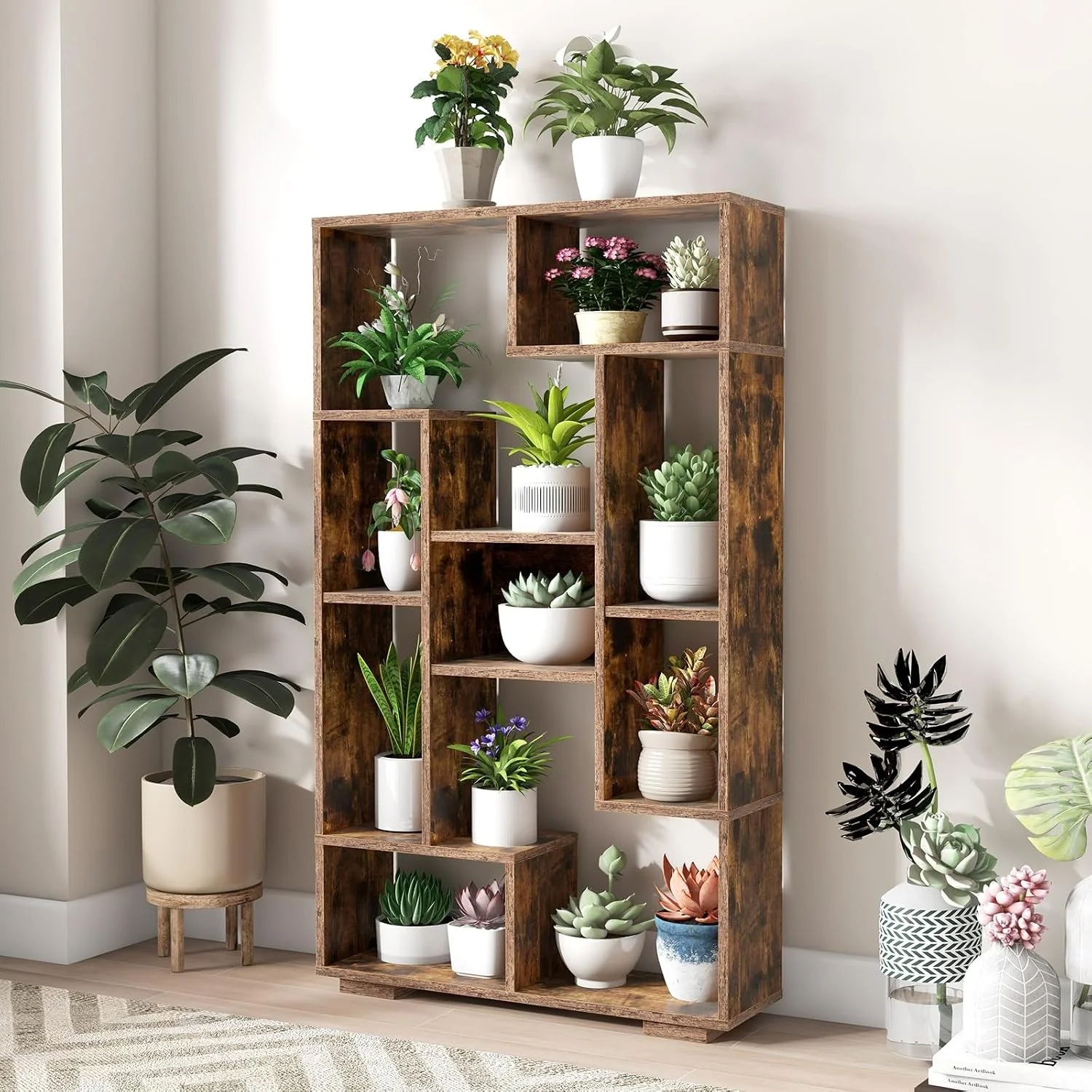 120 cm großes Bücherregal mit 9 Fächern, Standregal, Raumteiler, Mehrzweckregal, Holz, Lagerregal mit Neigungsschutz – Detail 3