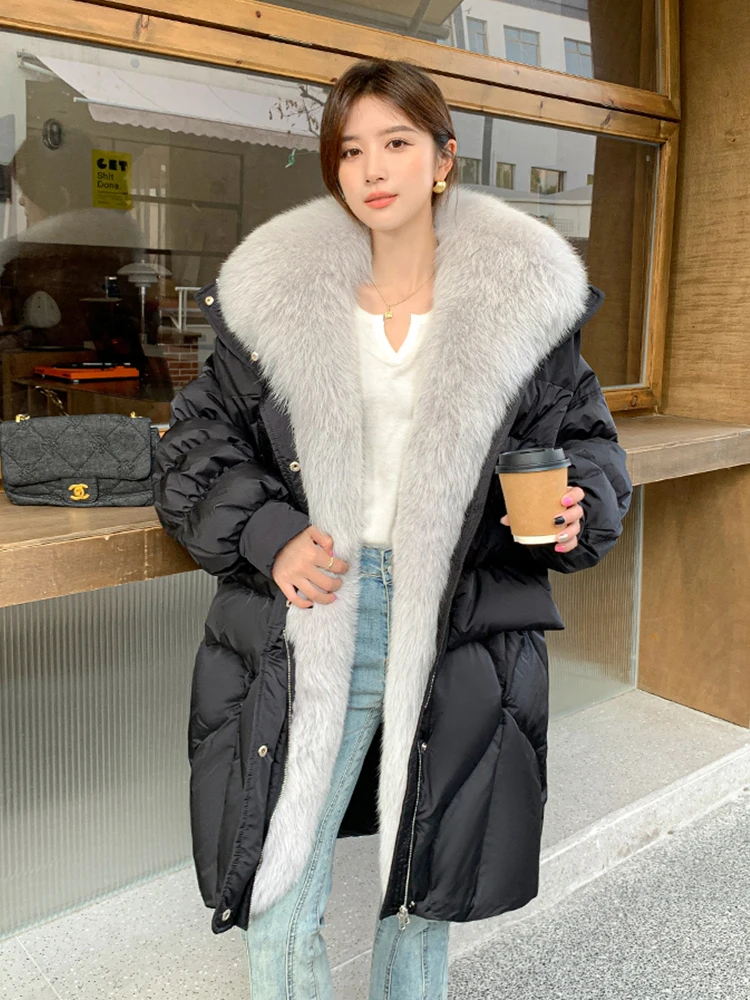 Winter 90% Goose Down Jacket Natural Fox Fur Collar Long Thick Warm Women Coat Hooded Puffer Jacket Luxury Outwear Female Coat