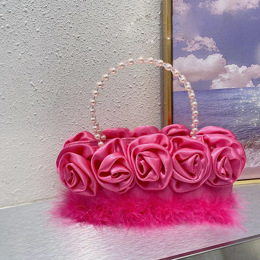 

Hot Sale Evening Bag Flower Feather Bride Silk Basket Tote Bags Dress Party Handbag Wedding Women Floral Lady Clutches Purses ﻿