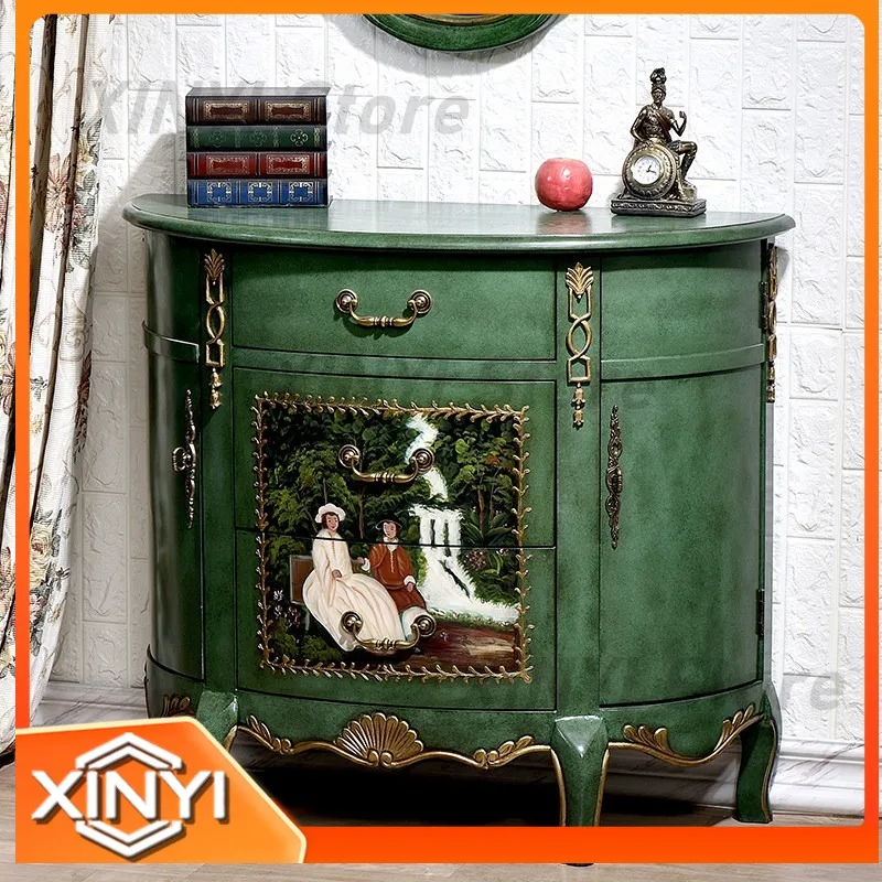 Hand-Painted American Semicircular Entrance Cabinet Mirror for Living Room Sofa Emerald Foyer Bedroom Dresser Side Cabinet