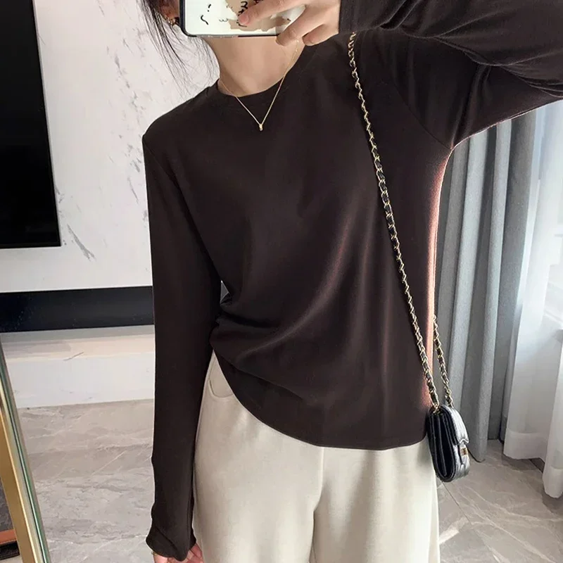 AOSSVIAO Autumn Winter Slim Fit Shoulder Long Sleeve Women T-shirt Trendy O-Neck Base Tee Super Soft Mask Versatile Slimming Top