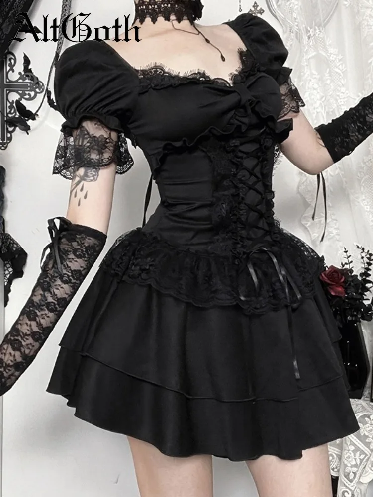 AltGoth Hotsweet Gothic Kleid Frauen Y2k E-mädchen Ästhetische Fairycore Grunge Spitze Patchwork Puff Sleeve Bandage Korsett Kleid weibliche