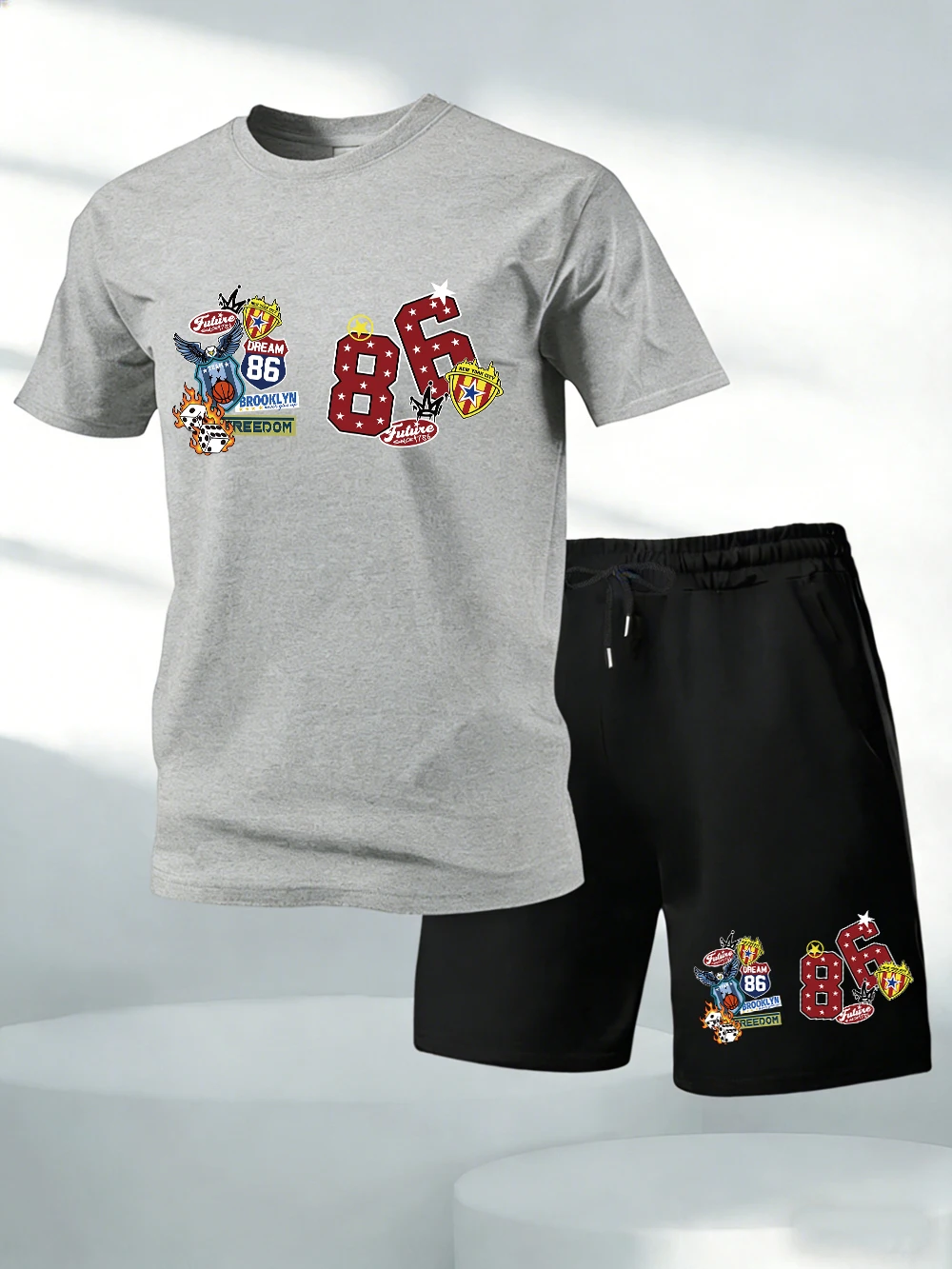 

Two Pieces Set Brooklyn Number 86 Jersey Printed Cotton T-Shirts Pants Mens Soft O-Neck Oversize Tops High Waisted Pocket Shorts