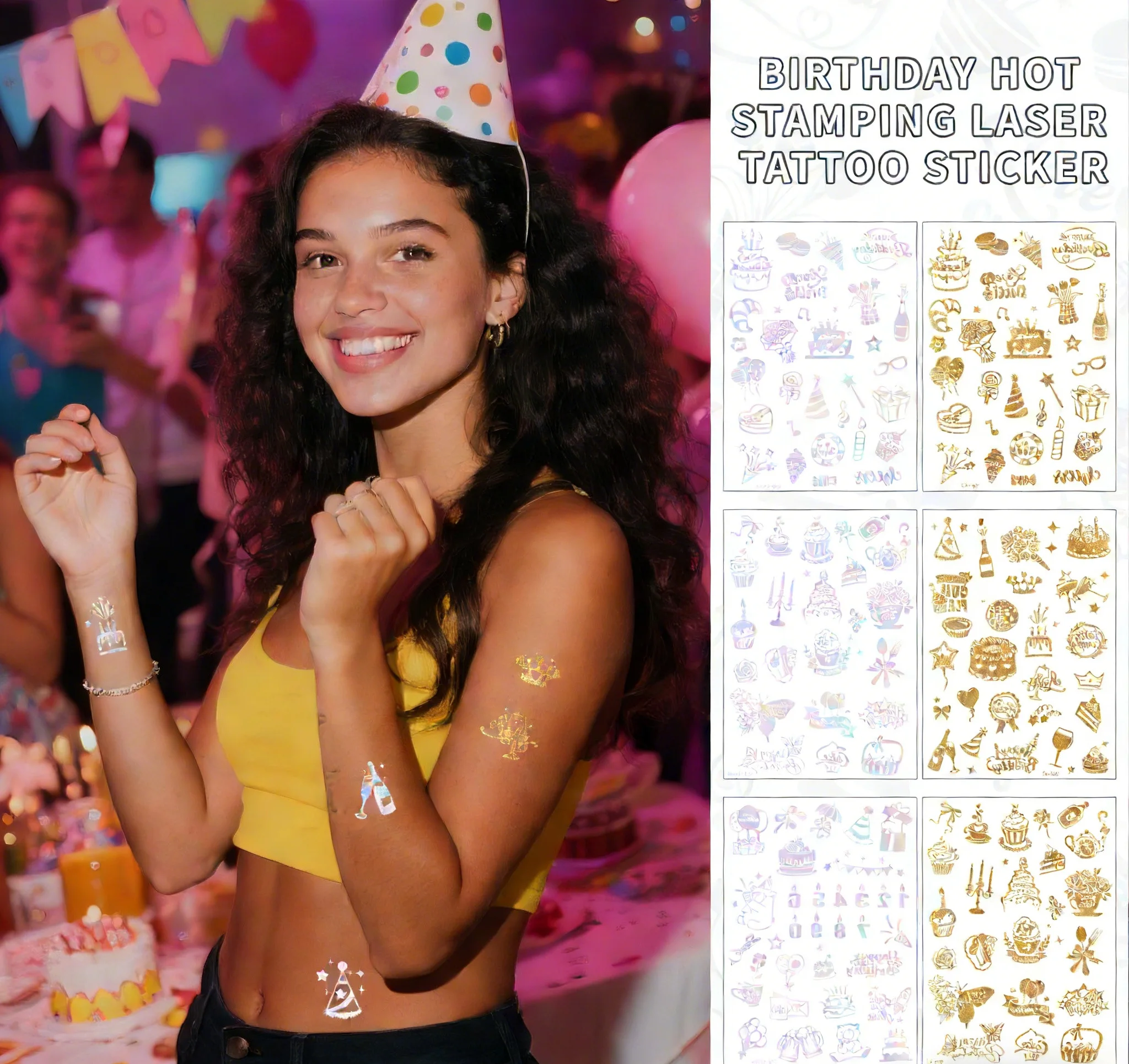 Birthday Theme Temporary Tattoo Stickers Foil/Rainbow Laser Waterproof Party Favors Body Art Decor 4pcs/SetBirthday Theme Tempor