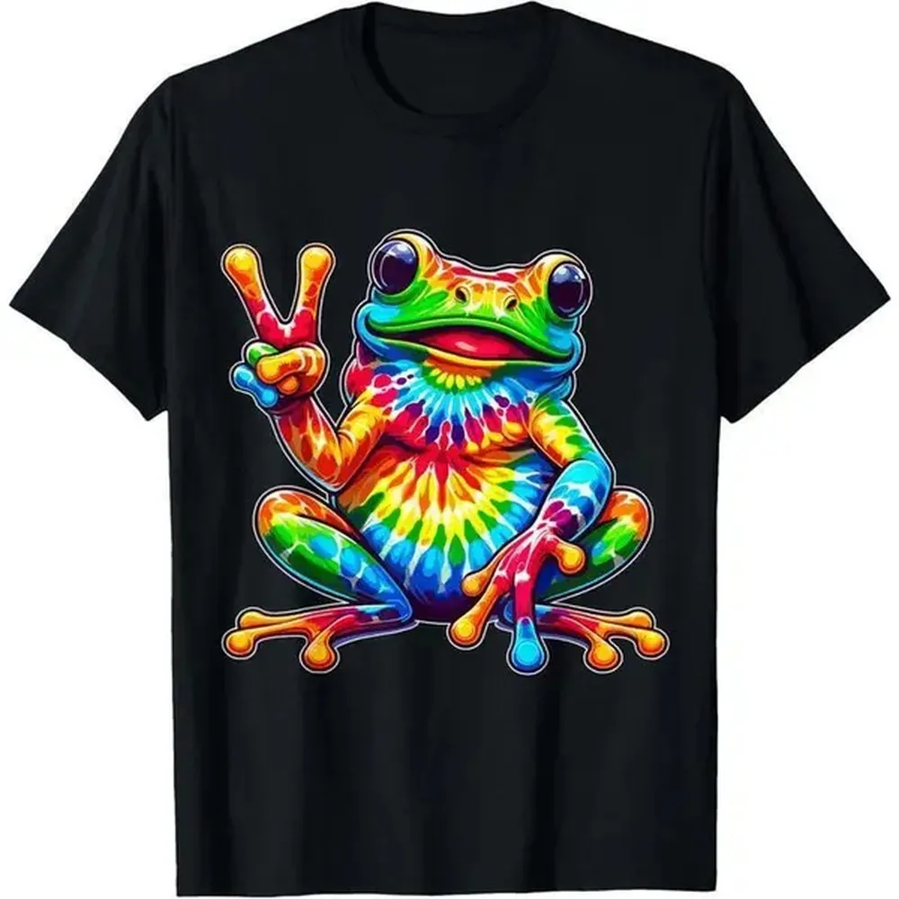 Camiseta Hippie con Estampado Tie-Dye de Rana y Símbolo de la Paz, 100% Algodón
