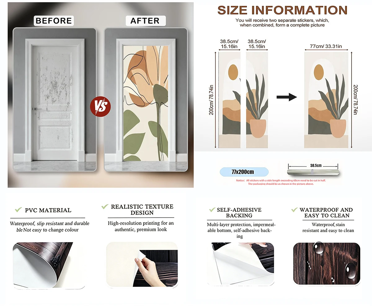 Crack Texture Gold Line Boho Abstract Door Sticker Peel & Stick Waterproof PVC Removable Door Mural