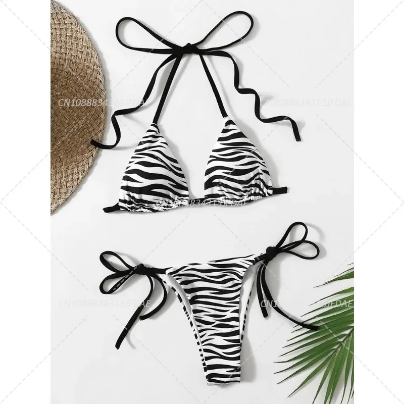 

Zebra Stripes Halter Triangle Bikinis Sets Swimwear Women Micro Thong Swimsuits Print Swimming Suit Biquinis Bikinis