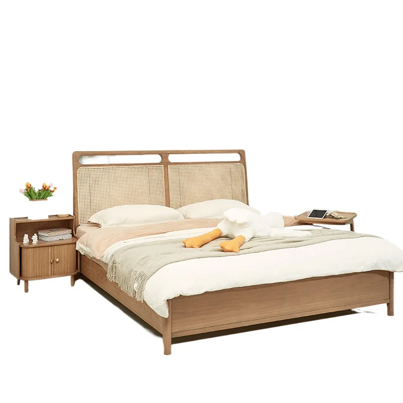 Rattan solid wood bed, Nordic retro logs, Japanese-style homestay, modern simplicity