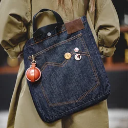 Maden Workwear American Retro Denim Shoulder Crossbody Bag Denim Embroidery Large Capacity Portable Flat Tote Bag for Women