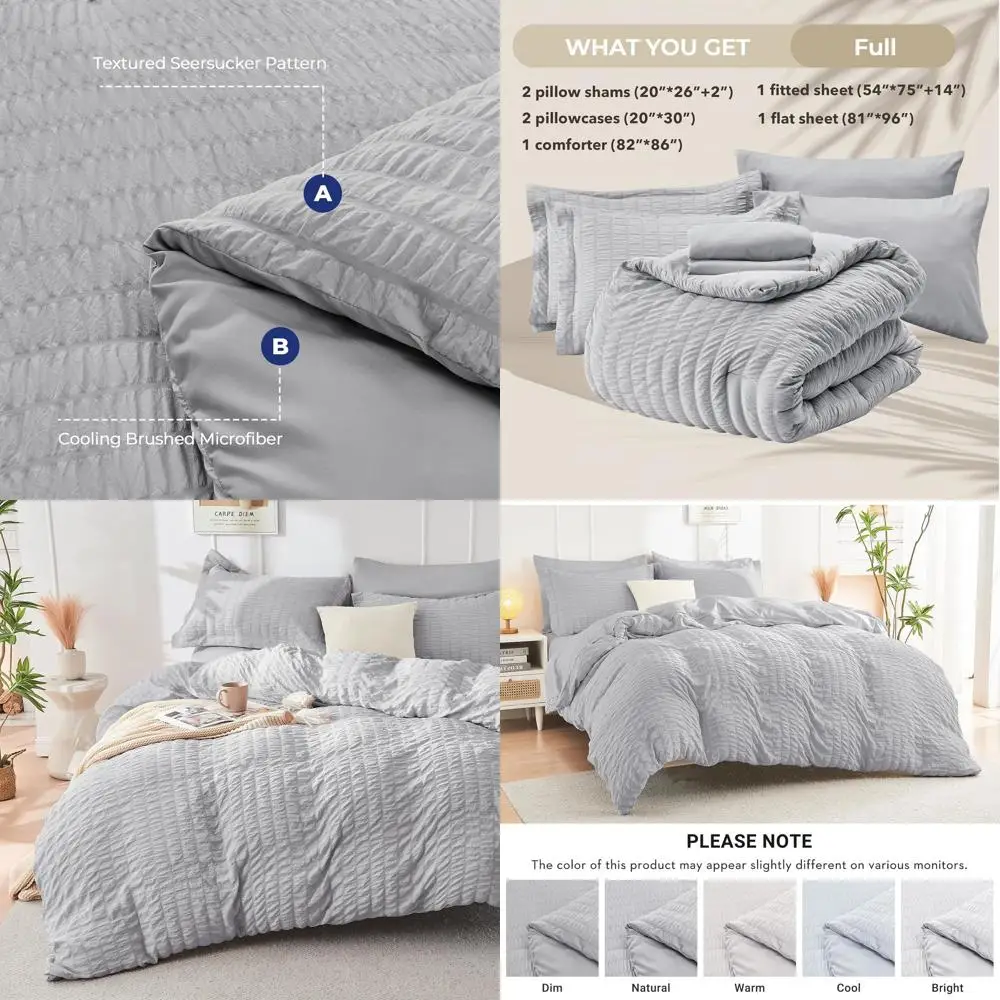 

Комплект постельного белья из 7 предметов: серый сирсакер, всесезонное роскошное одеяло, простыни, наволочки и декоративные наволочки-шамы