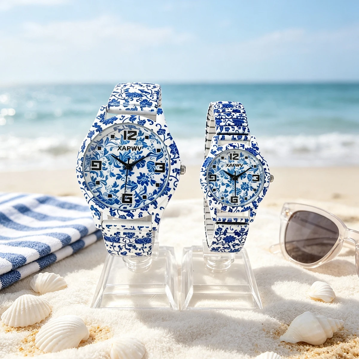 New Niche Luxury Blue and White Porcelain Quartz Women's Watch with Elastic Strap, Fashionable Couple's Model, a Pair