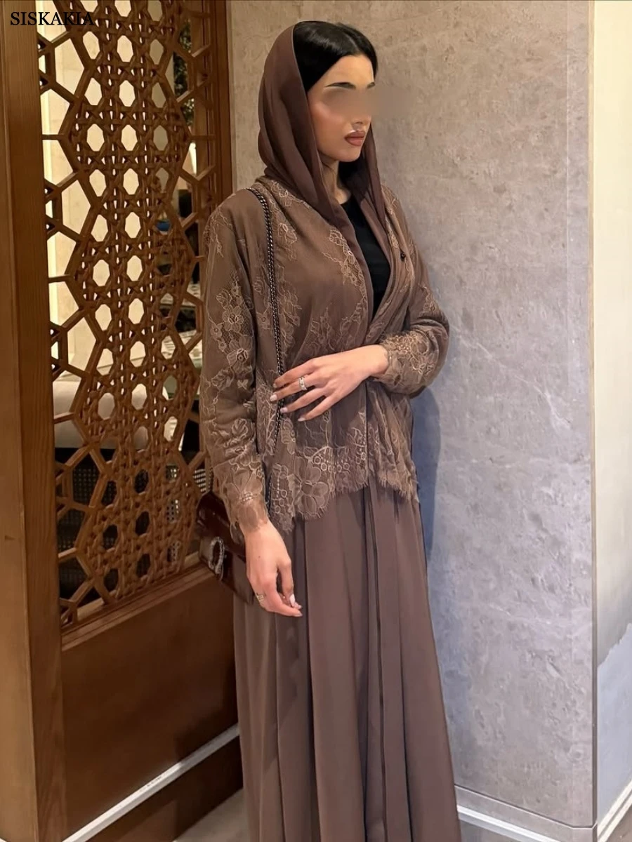 

Siskakia Dubai Lace Patchwork Abaya Muslim Elegant Casual Solid Open Kaftan Arabic Dresses For Women