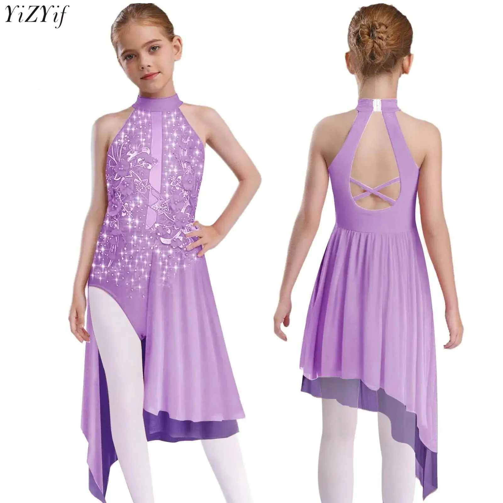 

Kids Girls Figure Skating Dress Ballet Lyrical Dance Costume Sleeveless Cross Back Applique Split Irregular Mesh Leotard Dress