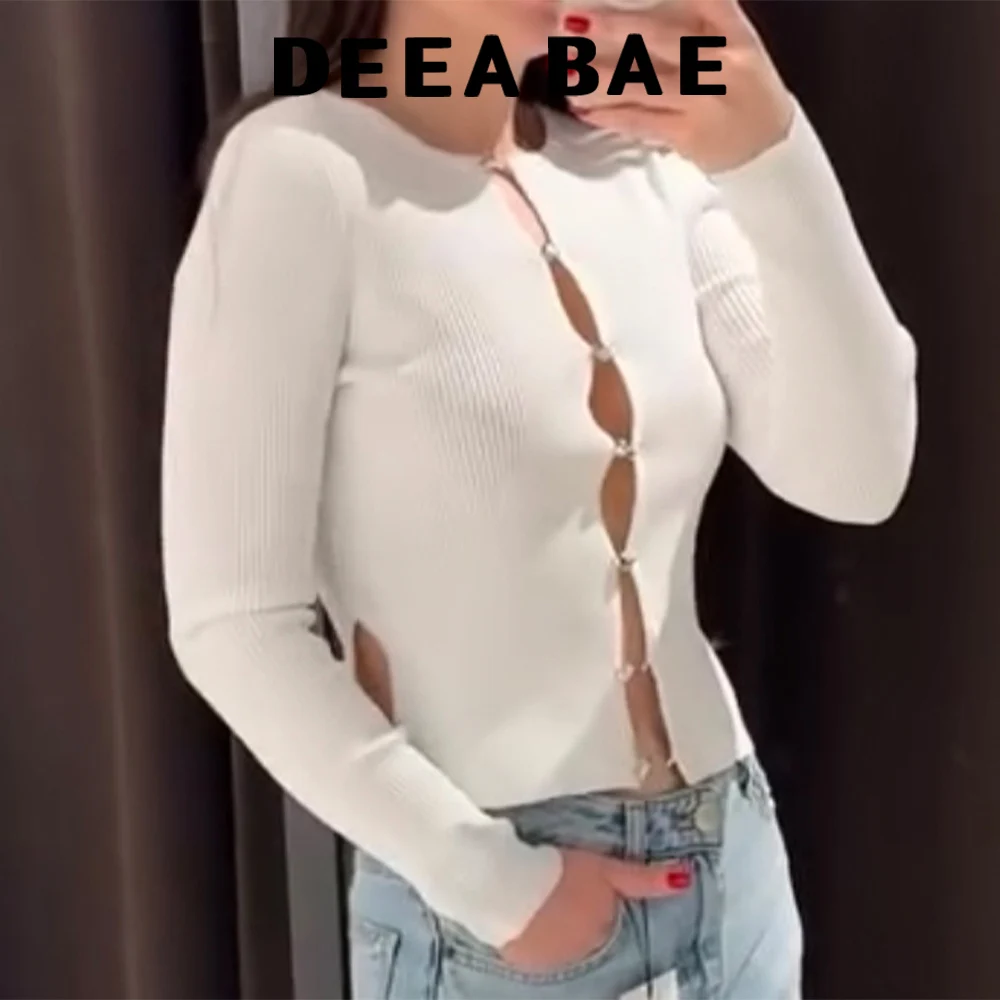 DEEABAE セクシーなスパイシーガールデザイン中空アウトニットセーター女性の春の新ラウンドネック露出へそショートトップ