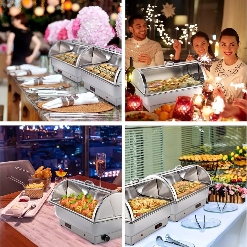 

2 Pack 9 QT Electric Chafing Dishes Stainless Steel Roll Top Buffet Set Catering Chafer Server Food Warmer with Full Cover