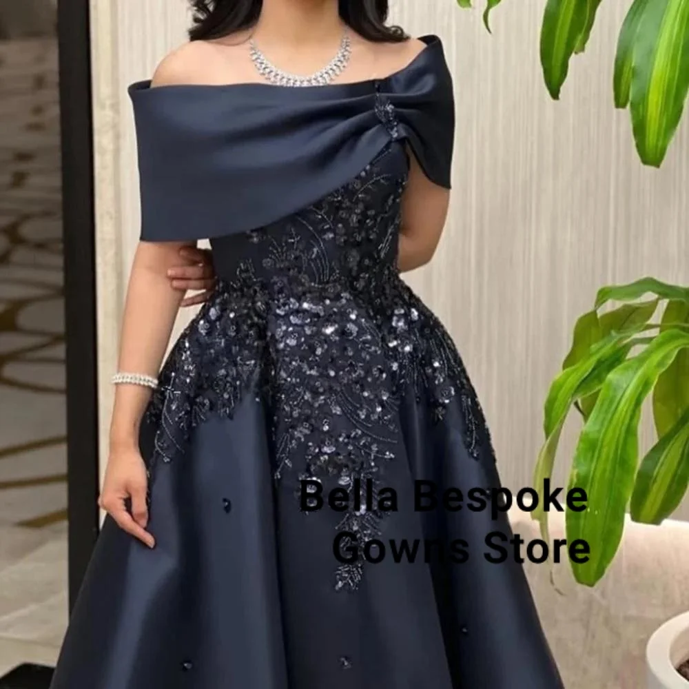 Customized Navy Blue A-line Flower Appliques Satin Evening Dress Draped Off the Shoulder Sleeveless Ankle Length Party Prom Gown