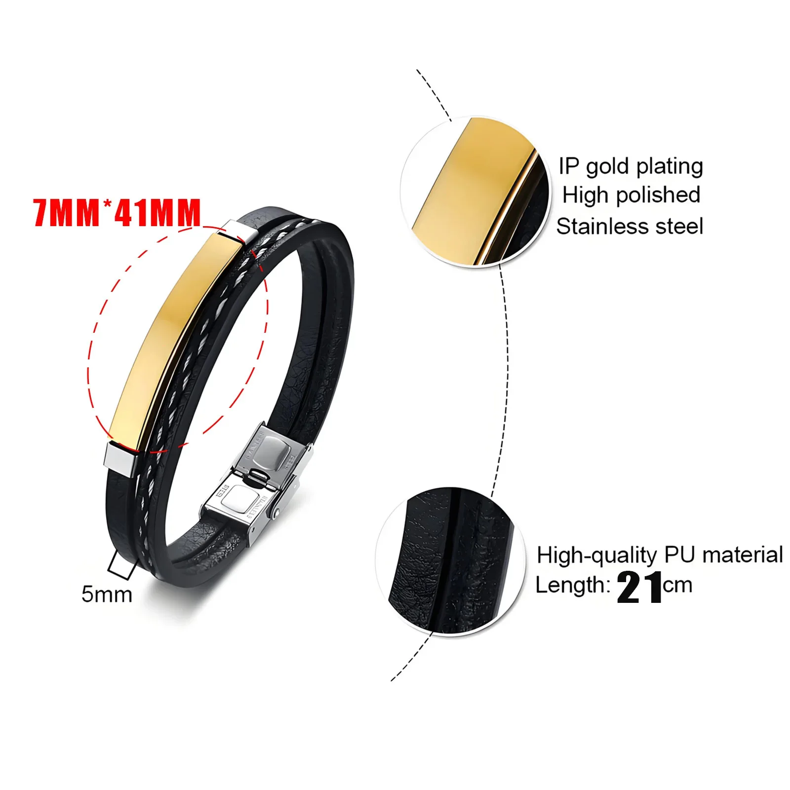 Dubbellaagse gecoördineerde PU lederen armband met gebogen plaat van roestvrij staal, gegraveerd, modieus juweel, Vaderdag cadeau