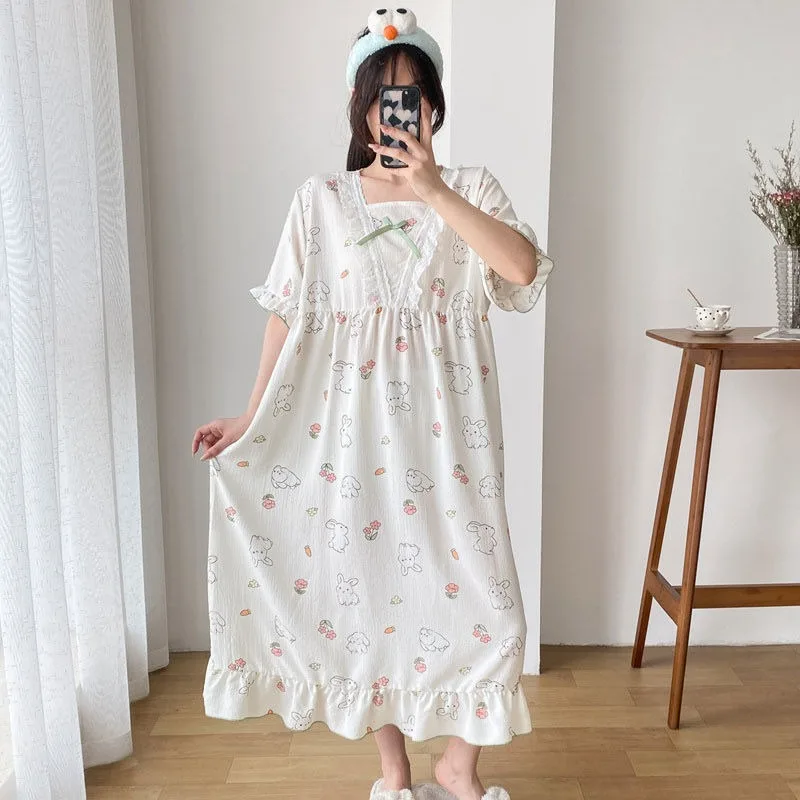 Sleepshirts Women Summer Sweet Girls Lovely Students Floral Lace Patchwork Ruffles Bow Designed Korean Style Loose Thin Cozy