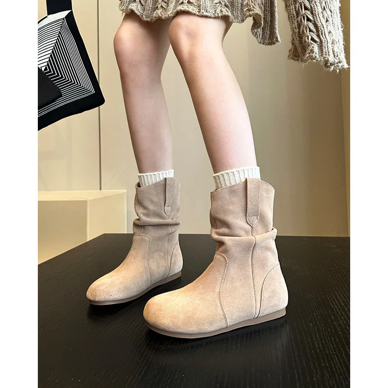 Suede Ankle Boots, Women's Pleated Pile Boots, Round Toe Winter Western Cowboy Boots Women Shoes