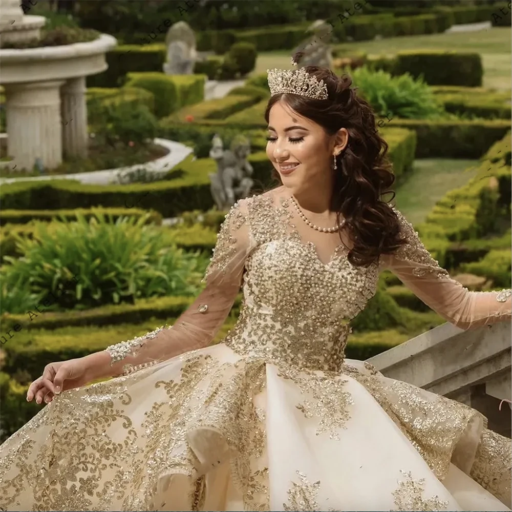 الشمبانيا تول فساتين الكرة فستان حفلة عيد ميلاد الدانتيل يصل ثوب التخرج Vestidos De Quinceanera كم طويل