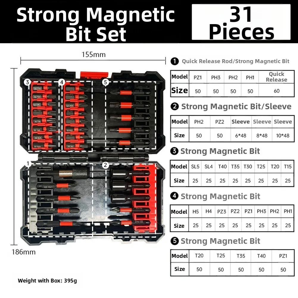 31pcs Alloy Steel Screwdriver Bit Kit Cross/One Character Hexagon Handle Socket Bits Magnetic Impact-Batch Head Spare Parts