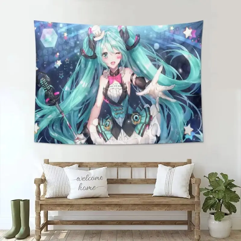 VIKAMA Anime Singer Girl Tapestry Wall Hanging Teal Twin Tails Microphone Starry Aesthetic Wall Art Bedroom Dorm Room Decor