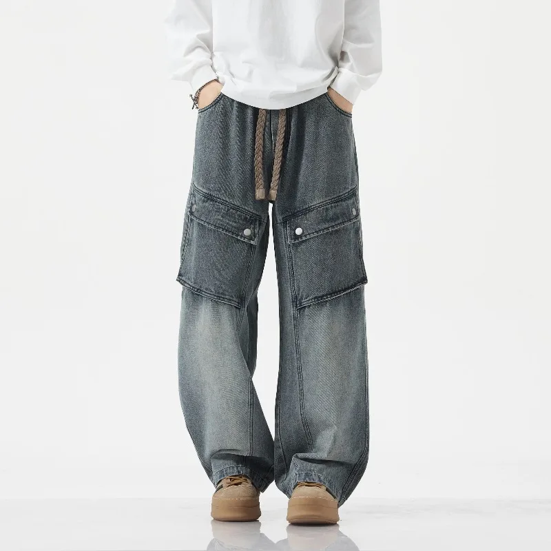 

2026 New Straight Leg Multi-Pocket Jeans Man Men's Loose Versatile Cargo Pants Casual Vintage Wash Denim Trousers Cargo Jeans