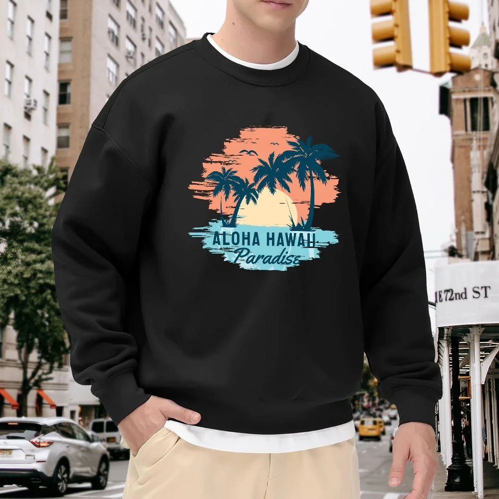 

Men's Black Crew Neck Loose Sweatshirt with Hawaiian Sunset Coconut Tree Print, Casual Street Style Top, Comfortable and Versatile for Everyday Wear