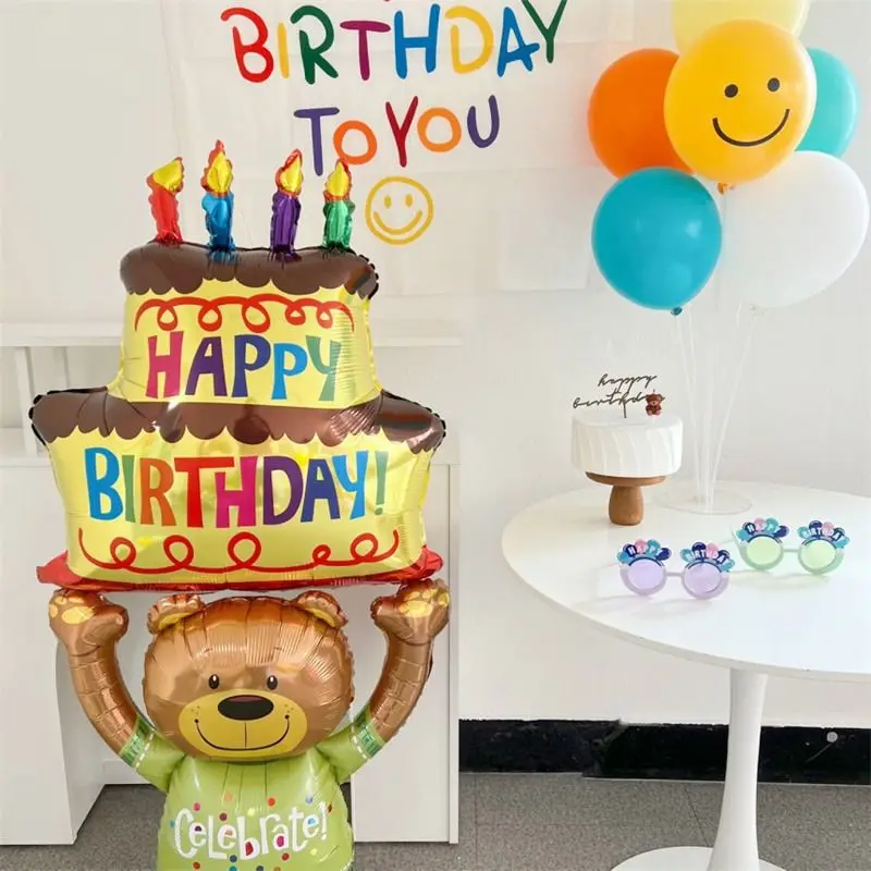 Large Birthday Cake Foil Balloons Cartoon Bear Cake Balloon Kids Toys Happy Birthday Party Decoration Supplies Photo Props INS