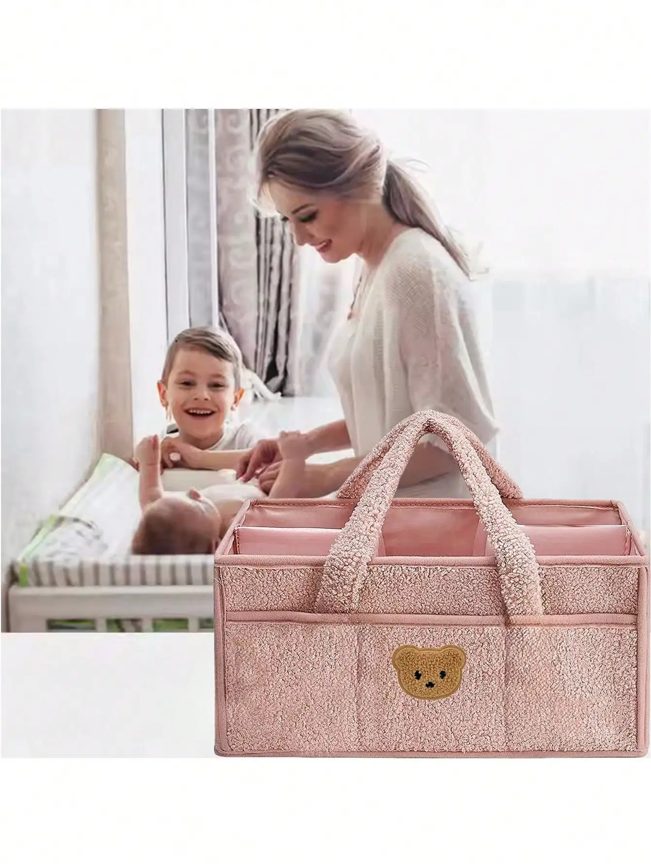 

High quality cute little bear head baby diaper storage bag, portable storage basket for baby diapers and baby wipes