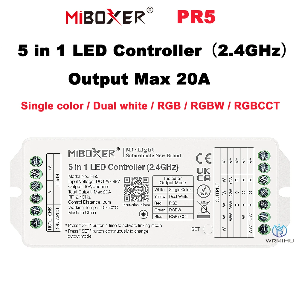 

Светодиодный контроллер 5 в 1 PR5, 2,4 ГГц, 20 А, Одноцветный, двойной, белый, RGB, RGBW, RGB, CCT, Светодиодная лента, диммер, умное приложение, голосовое управление 12-24