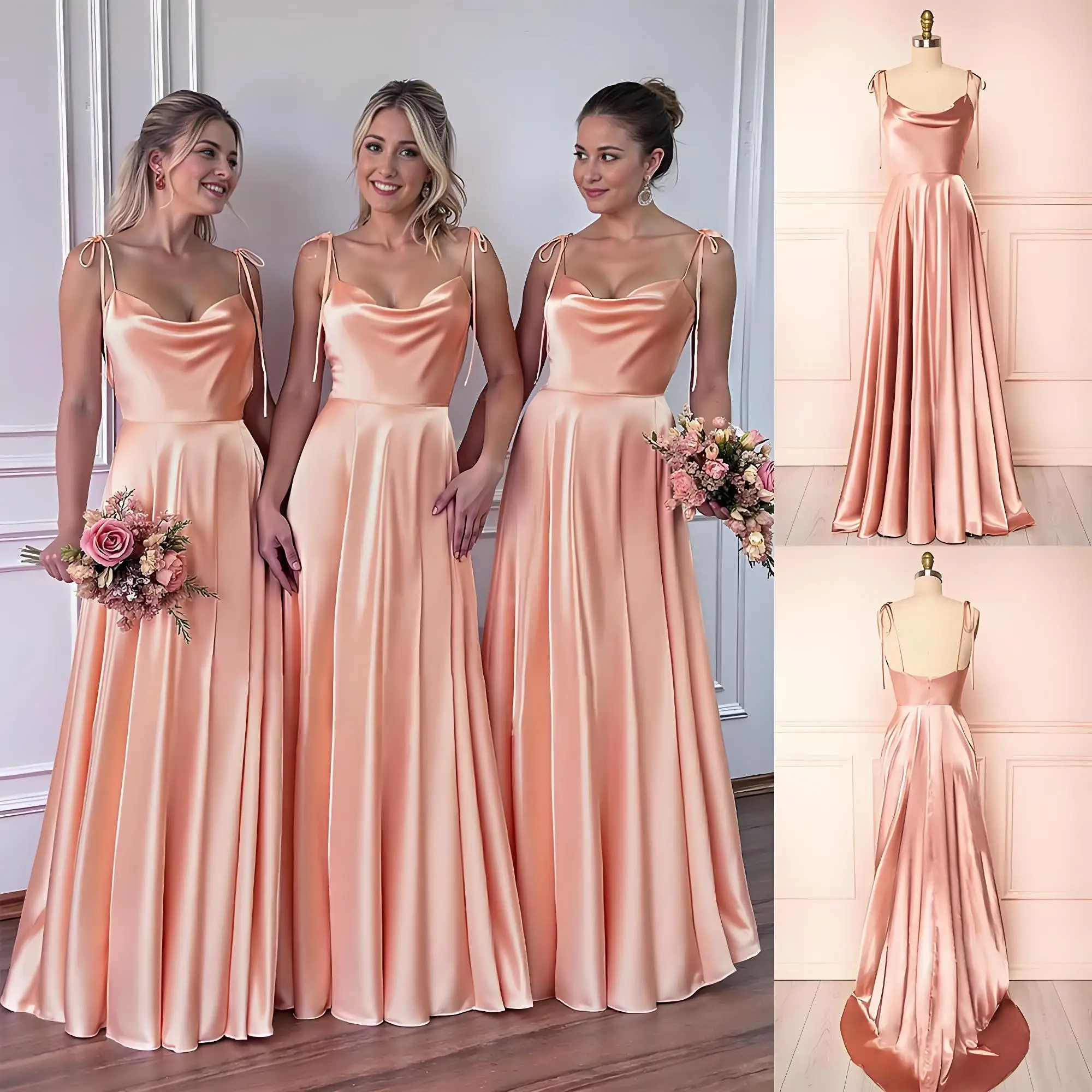 

Beshinel Customized Satin Cowl Neck Bridesmaid Dress Backless Wedding Party Spaghetti Straps Prom Gowns 2025 Vestidos De Novia